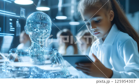 Students learn online with futuristic technology. The concept of advanced education, digital learning, and innovation in virtual classrooms. Generative AI. 125954307