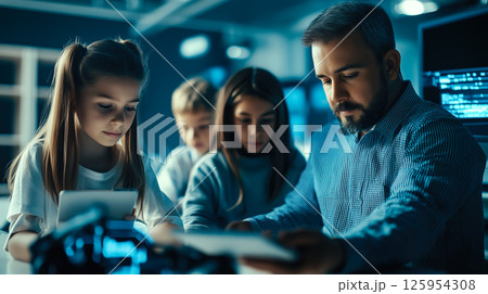Students learn online with futuristic technology. The concept of advanced education, digital learning, and innovation in virtual classrooms. Generative AI. 125954308