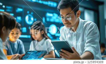 Students learn online with futuristic technology. The concept of advanced education, digital learning, and innovation in virtual classrooms. Generative AI. 125954309