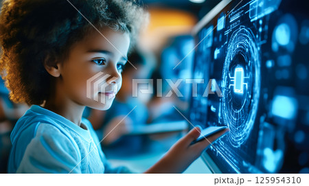 Students learn online with futuristic technology. The concept of advanced education, digital learning, and innovation in virtual classrooms. Generative AI. 125954310
