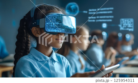 Students learn online with futuristic technology. The concept of advanced education, digital learning, and innovation in virtual classrooms. Generative AI. 125954311