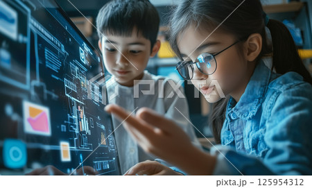 Students learn online with futuristic technology. The concept of advanced education, digital learning, and innovation in virtual classrooms. Generative AI. 125954312