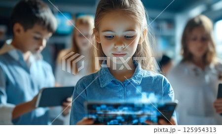 Students learn online with futuristic technology. The concept of advanced education, digital learning, and innovation in virtual classrooms. Generative AI. 125954313