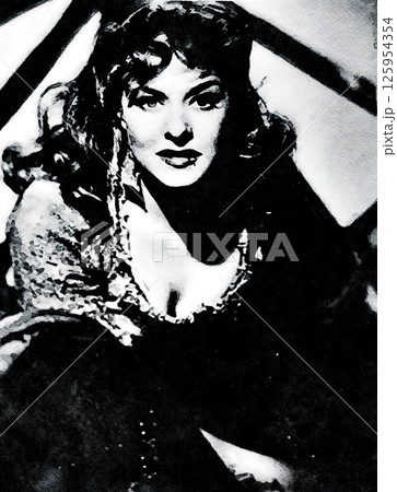 Watercolor portrait of a Hollywood diva from the mid-twentieth century. 125954354