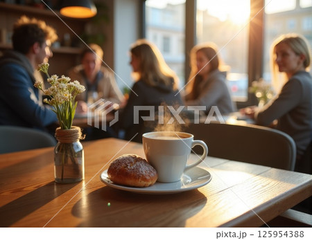 minimalist Scandinavian cafe. A wooden table with a tray of steaming coffee, pastries, and a small vase with delicate flowers. blurred people on background 125954388