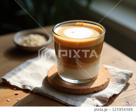 A creamy tahini latte served in a glass. The witht layers - tahini, steamed oat milk in the middle, and a foam top dusted with cinnamon.  125954389
