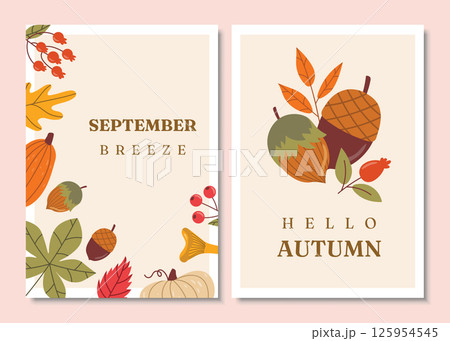 Set of autumn posters featuring seasonal elements like colorful leaves, berries, and mushrooms in warm earthy tones designs. 125954545