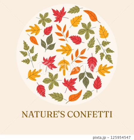 Square autumn poster featuring a circular arrangement of colorful fall leaves on a neutral background 125954547