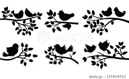 Black silhouettes set of birds perched on tree branches against a white background. 125954552
