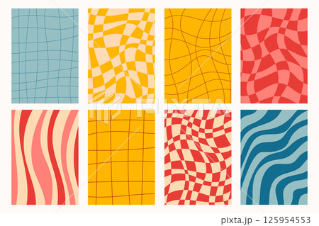 Set of groovy posters with bold checkered and striped patterns in retro style. Vibrant colors, optical flow, and vintage vibes. 125954553