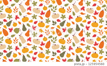 Seamless autumn pattern with vibrant pumpkins and falling leaves. Warm and inviting design ideal for seasonal projects, fabric prints, gift wrap 125954560