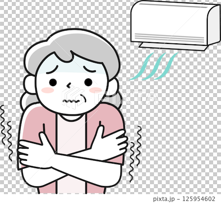一位老婦人因冷氣太冷而瑟瑟發抖 一位老婦人因冷氣太冷而瑟瑟發抖 125954602