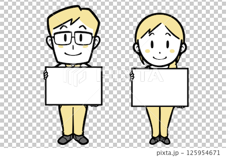 A young couple in casual clothes smiling and holding a message board 125954671