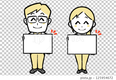 A young couple in casual clothes smiling and holding a message board 125954672