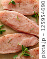 Meat. Raw turkey tenderloin meat, turkey steaks with ingredients for cooking, top view 125954690