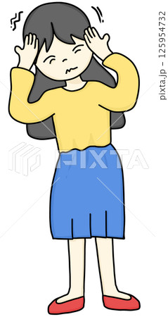A hand-drawn cartoon of a woman suffering from a headache A hand-drawn cartoon of a woman suffering from a headache 125954732