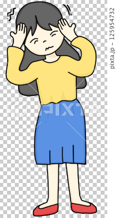 A hand-drawn cartoon of a woman suffering from a headache A hand-drawn cartoon of a woman suffering from a headache 125954732
