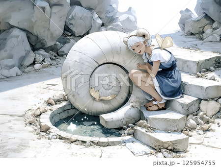 巨大アンモナイトの化石を見つけて喜ぶアンモナイトの妖精のイラスト素材 125954755