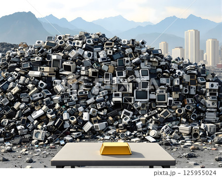 山積みの家庭電化製品のスクラップの前の金の延べ棒 125955024