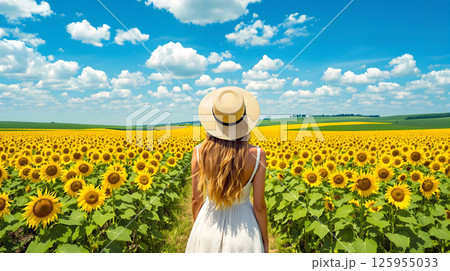広大なヒマワリ畑の間の小道に立つ麦わら帽子で白いワンピースの女性の後ろ姿 125955033