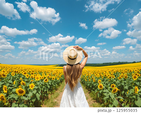広大なヒマワリ畑の間の小道に立つ麦わら帽子で白いワンピースの女性の後ろ姿 広大なヒマワリ畑の間の小道に立つ麦わら帽子で白いワンピースの女性の後ろ姿 125955035