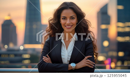夕暮れの高層ビルを背景に腕を組む自信に満ちた若いビジネスウーマン2 夕暮れの高層ビルを背景に腕を組む自信に満ちた若いビジネスウーマン2 125955045