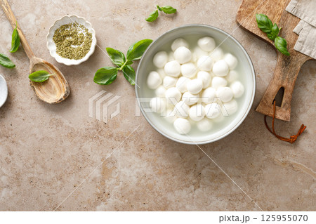 Mozzarella cheese balls, top view Mozzarella cheese balls, top view 125955070