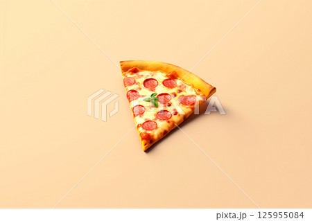 A delicious pizza slice topped with sausage, set against a soft pastel-colored background, highlighting the savory appeal of the dish in a light and inviting way 125955084