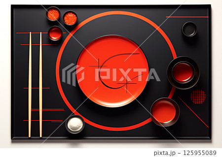 A beautifully arranged Japanese plate with sushi or traditional dishes, accompanied by chopsticks. The plate is set on a black board with a red saucer 125955089