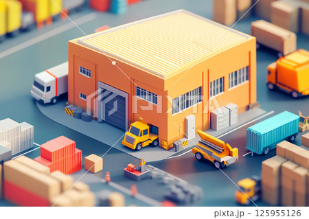 Truck loading or unloading at a warehouse. Logistics and transportation. Warehouse with a truck parked nearby. Logistics center 125955126