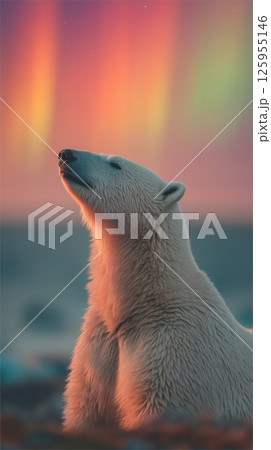 Polar bear tundra Icelandic aurora sunset serene wildlife arctic nature mammal 125955146