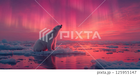Polar bear ice tundra sunset aurora serene arctic water. polar bear sits ice vibrant aurora 125955147