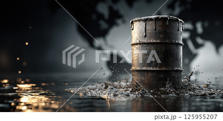 Oil barrel, black liquid, splash, world map, environmental impact, dramatic scene 125955207