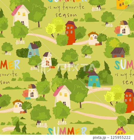 Seamless Pattern with Cozy summer countryside village surrounded by a garden and trees 125955222