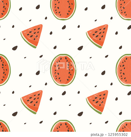 Seamless pattern of Watermelon slices and halves, background of Fruits and Seeds. Vector Summer pattern for covers, cases, clothes, and Food packaging. 125955302