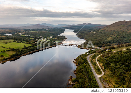 Aerial of the bridge over Gweebarra bay in County Donegal, Republic of Ireland 125955350