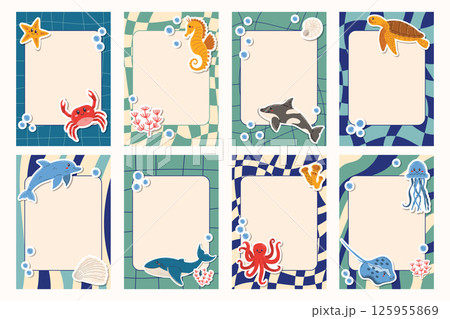 Groovy Notes Set in sea colors with frames and cute cartoon Sea Animal Stickers. Playful, ocean-themed layout with retro patterns and a calm, colorful underwater vibe. 125955869