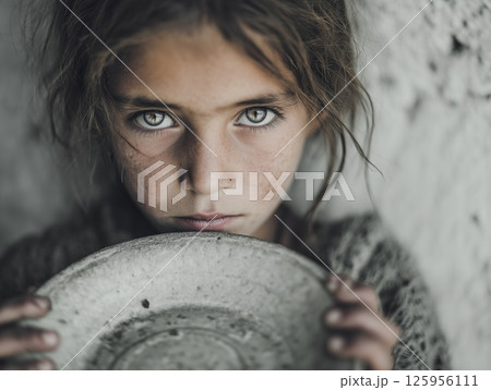 空の皿を持つ飢餓や貧困で苦しむ女の子のポートレート。社会問題・国際支援のイメージ素材 125956111
