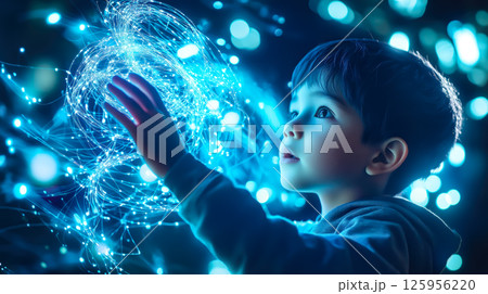 A kid boy interacts with a neural network display. The concept of early learning, future technology, and the curiosity-driven exploration of AI. Generative AI. 125956220