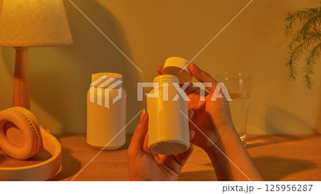 The act of opening the white bottle of dietary supplements to take medication. Dietary supplements are used to provide vitamins and nutrients, and should be taken in doses prescribed by a doctor. 125956287