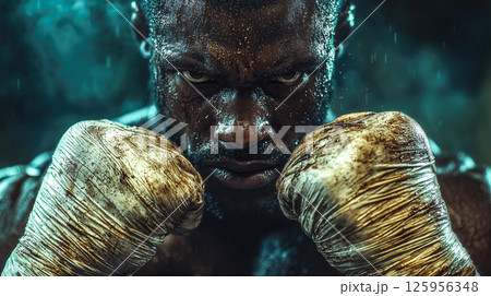 An extreme close-up photo of a professional fighter, capturing intense focus, determination, and raw strength. The concept of perseverance, discipline, and the spirit of combat sports. Generative AI. 125956348