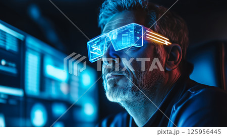 An elderly man engages with futuristic technology. The concept of how technology bridges generational gaps and enhances accessibility for all ages. Generative AI. 125956445