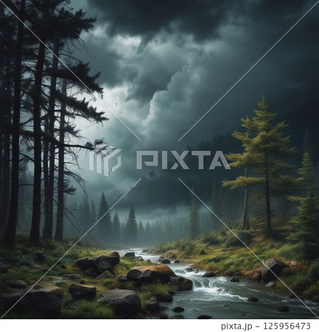 森の中の流れる川 125956473