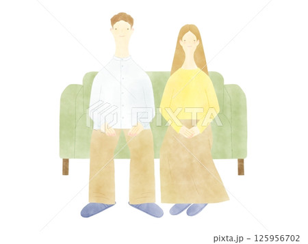 水彩風のシンプルなソファに座る男女のイラスト 125956702