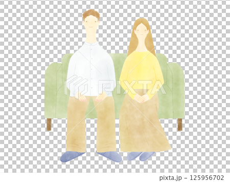 水彩風のシンプルなソファに座る男女のイラスト 125956702
