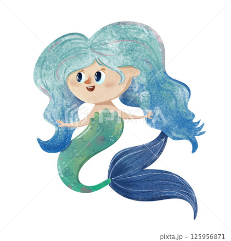 Cute mermaid girl with big open eyes, smiling face, blue hair, and a green-blue tail. Hand-drawn digital watercolor illustration in children's style. Ideal for kids’ decor and designs Cute mermaid girl with big open eyes, smiling face, blue hair, and a green-blue tail. Hand-drawn digital watercolor illustration in children's style. Ideal for kids’ decor and designs 125956871