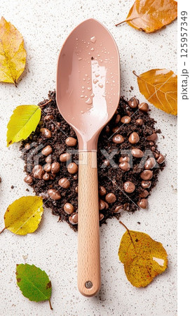 Lush garden setting reveals a vibrant compost pile after refreshing rainfall 125957349