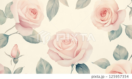 Vintage-inspired pink rose pattern repeating seamlessly, creating elegant floral background with soft, delicate botanical charm for design and decor applications 125957354