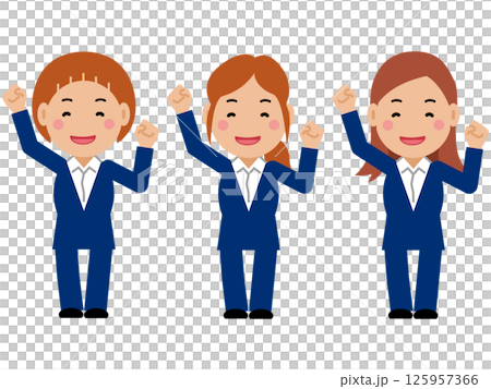 大きな身振りで応援する紺色スーツの若い女性。その2 125957366