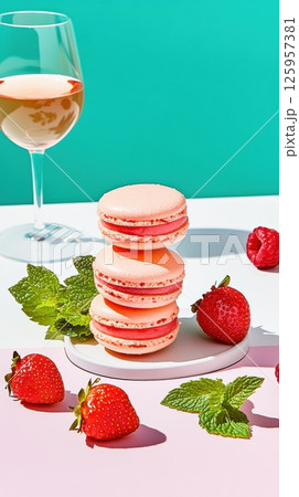 Delightful French Macaroons Stacked with Fresh Strawberries and Mint Leaves on a Colorful Background, Perfect for Dessert Lovers and Culinary Enthusiasts, Sweet Treat Concept 125957381